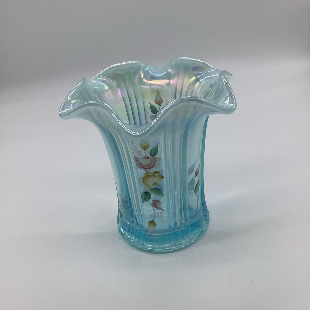 Fenton aqua opalescent romance vase. Hand painted.